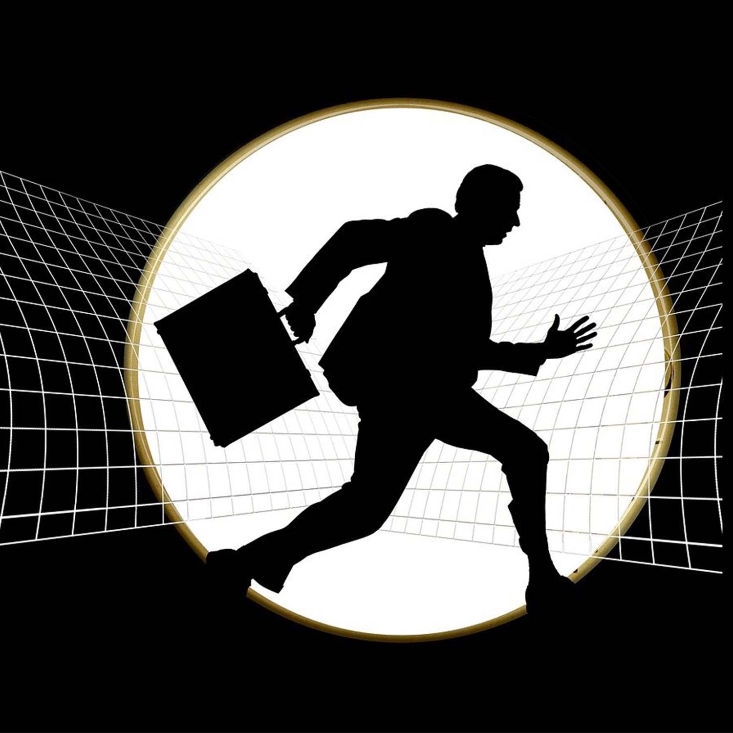 Illustrated silhouette of business man running with briefcase. 